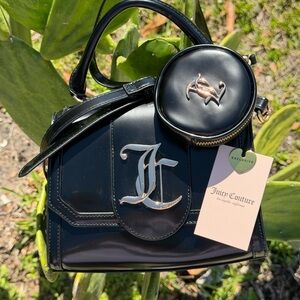 JUICY COUTURE Overstated Black Patent Leather Satchel with Round Coin/Pods Pouch